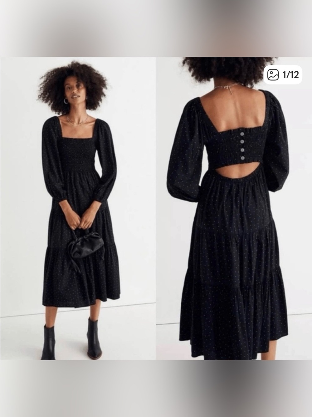 Madewell Lucie midi dress xs black micro dot print smocked tiered long sleeve